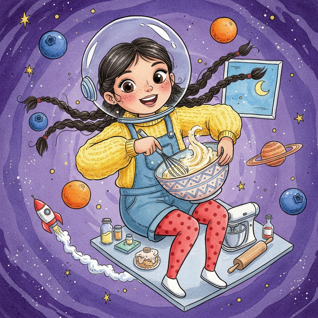 Ava, 7, baking a cake while floating in space