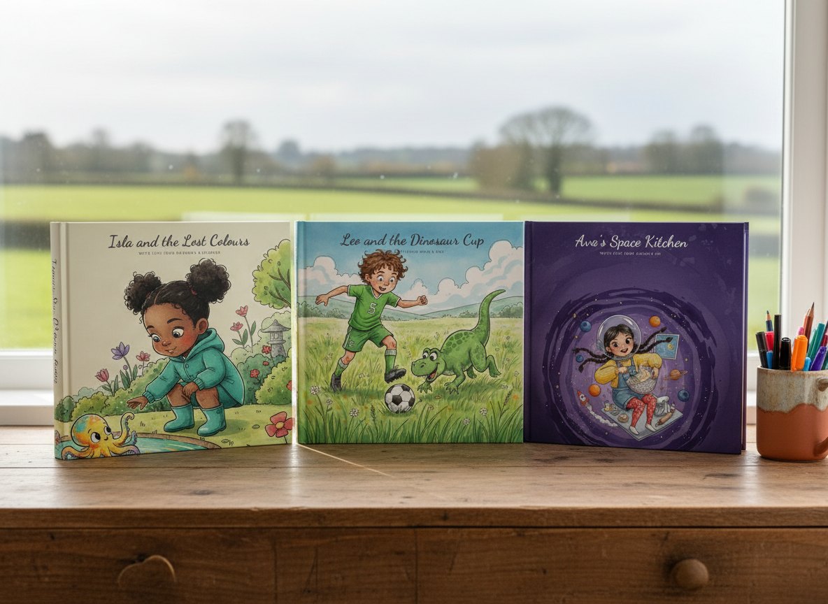 Three finished storybooks standing on a desk by a window