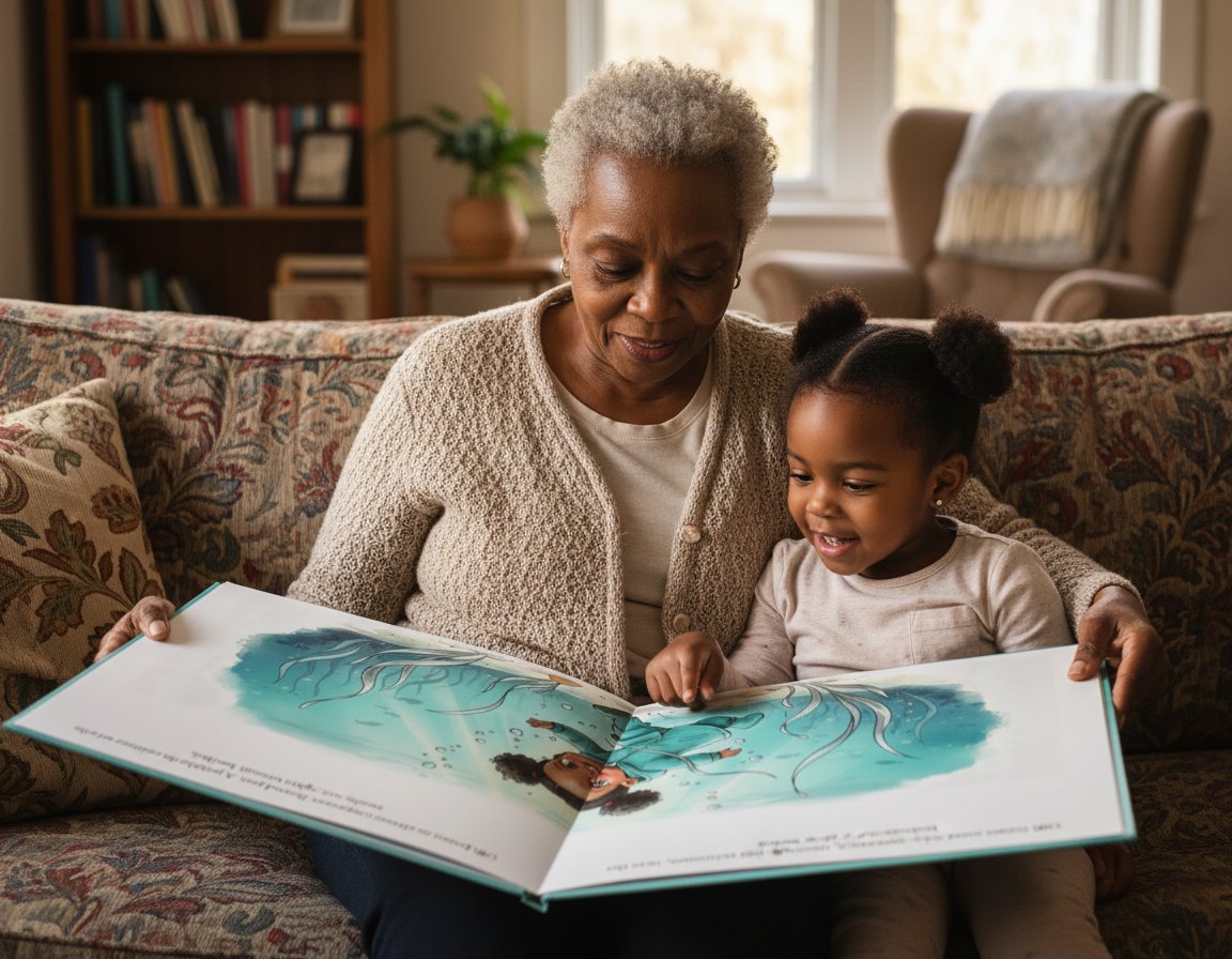 A grandmother and granddaughter reading her storybook on the sofa