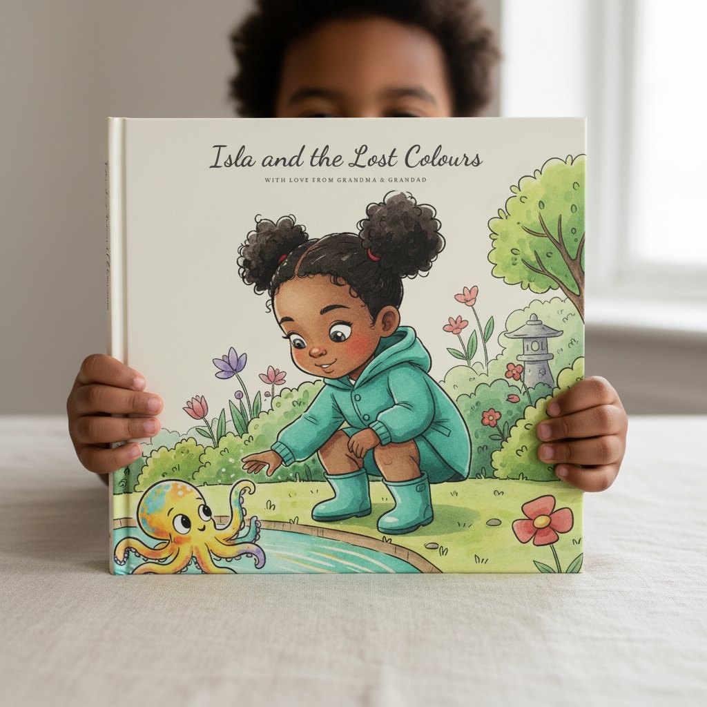 A child holding up their personalised storybook, Isla and the Lost Colours