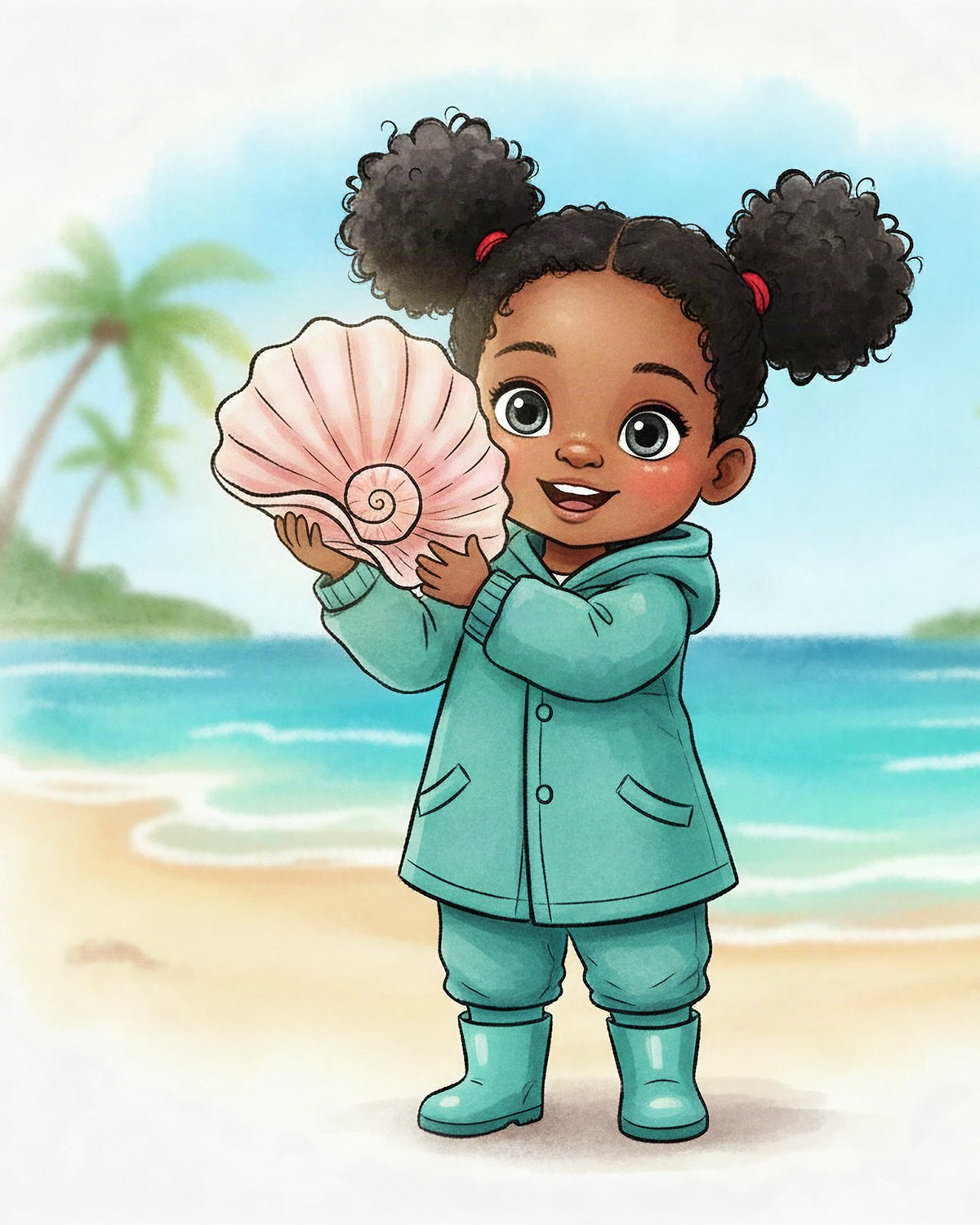 Isla's watercolour character on the beach, holding a pink shell