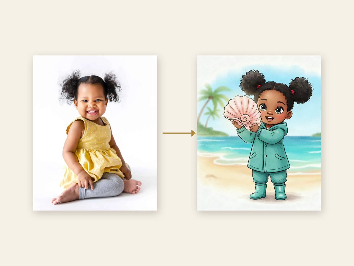 A photo of Isla beside the watercolour character made from it