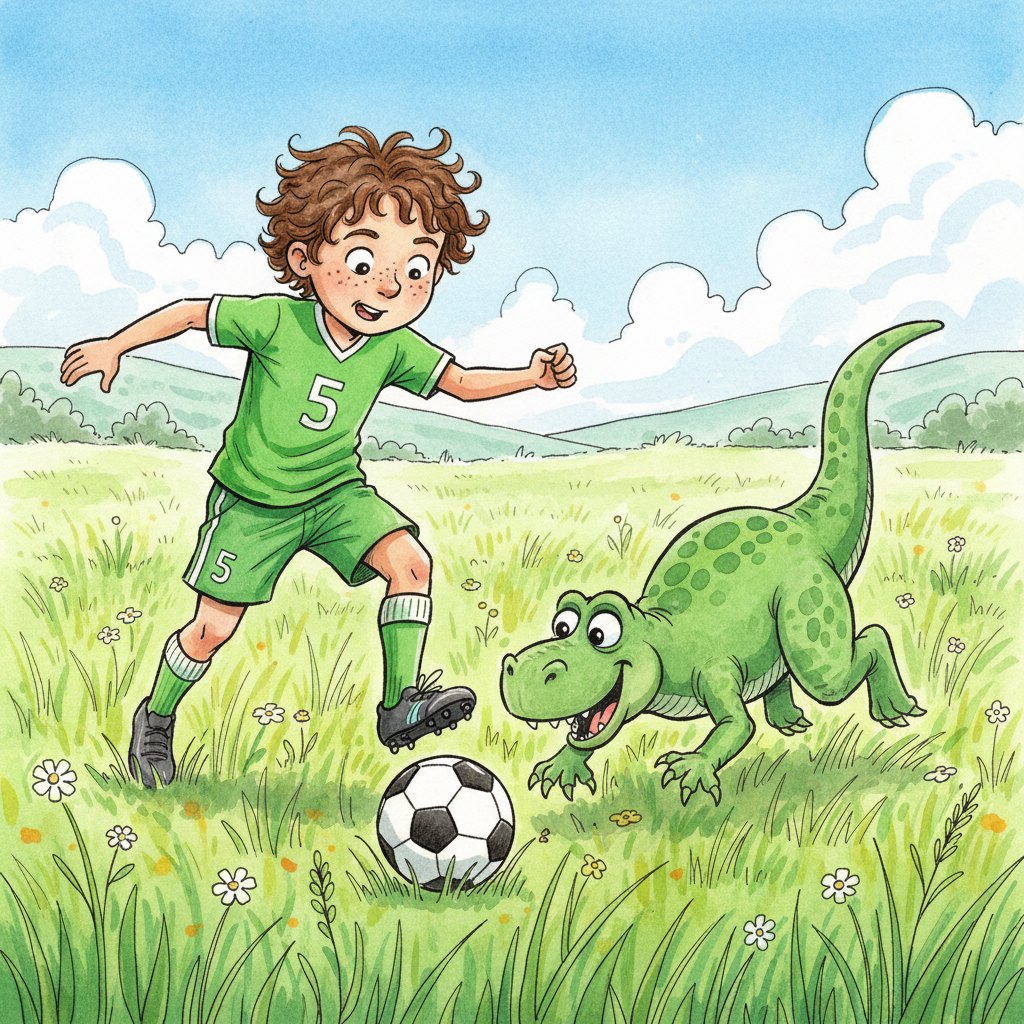 Leo, 5, playing football against a dinosaur goalkeeper