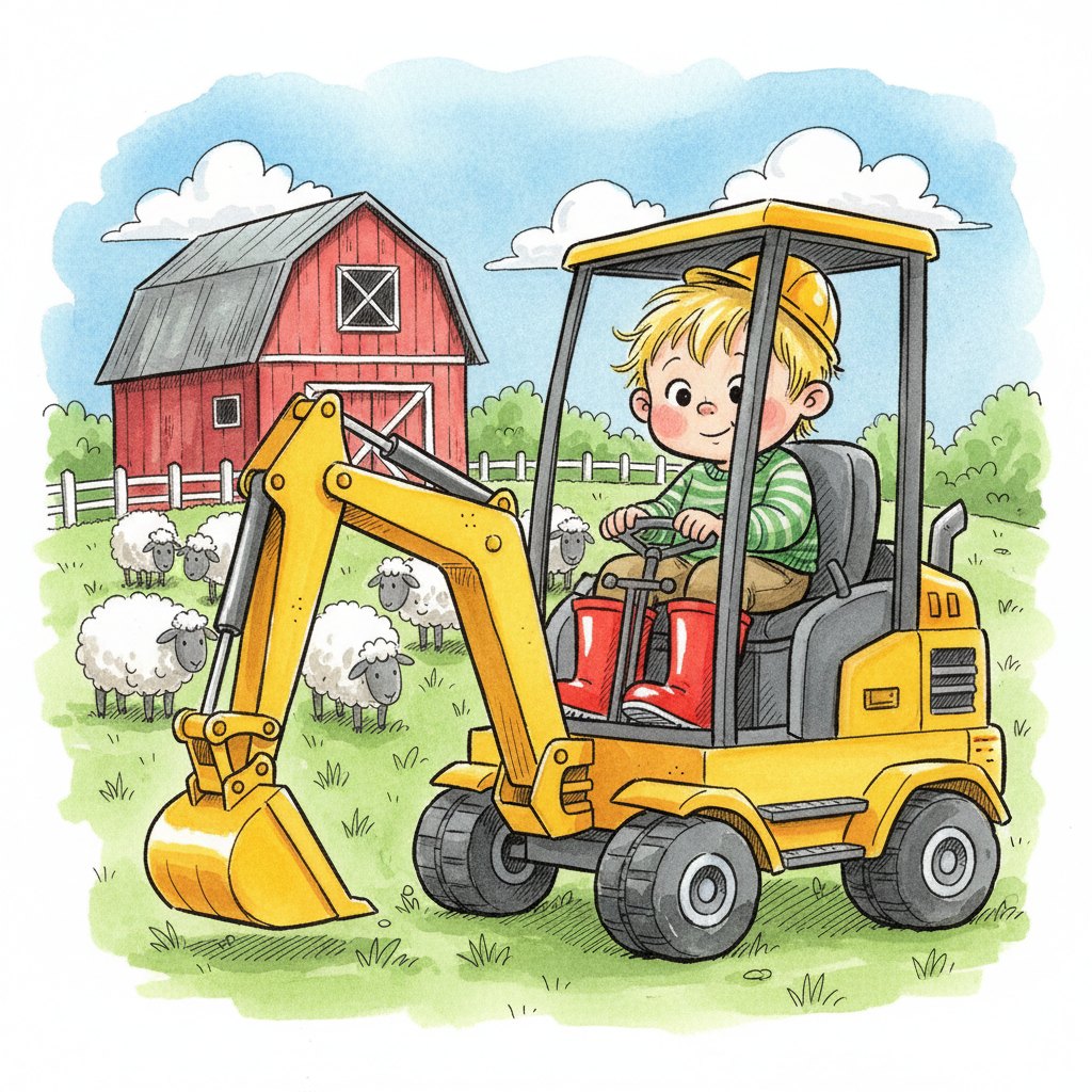 Noah, 2, in the cab of a yellow digger on a farm