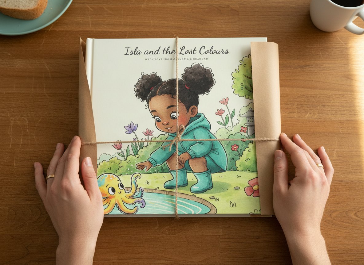 A storybook being unwrapped from brown paper and twine