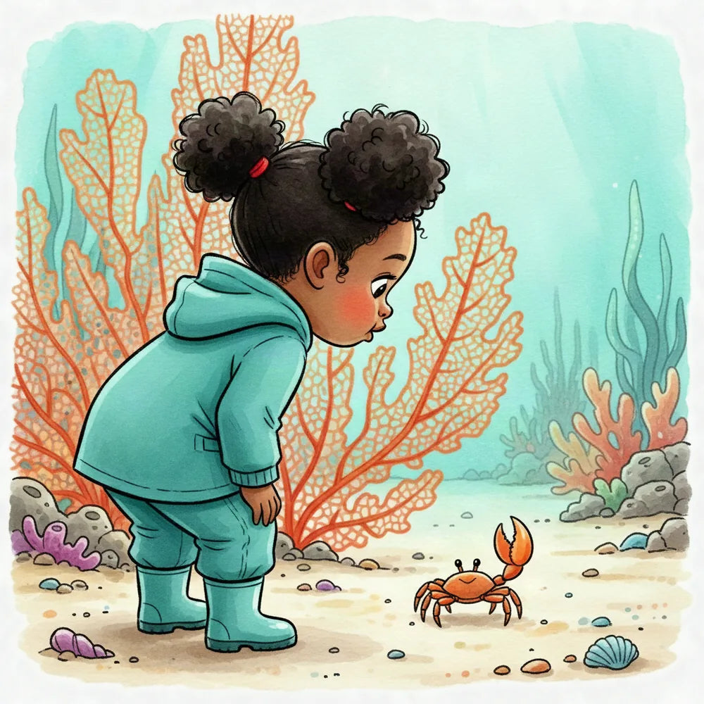 Isla kneels on the sea floor holding a huge pink shell, an octopus beside her